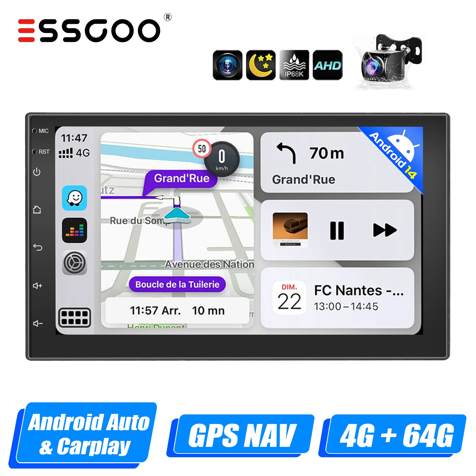 ESSGOO 7 "/9"/10 "2 DIN Android 14 4 + 64G Autoradio Carplay Android Auto GPS SAT Navi Bluetooth FM RDS Radio WIFI Touchscreen