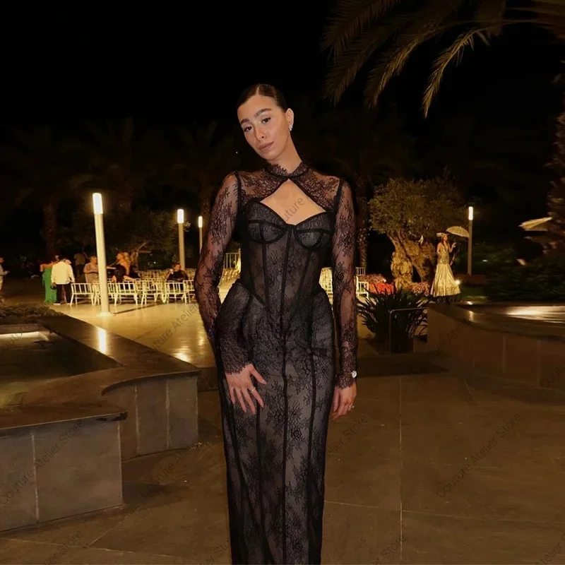 

Черные вечерние платья с жакетом и кружевом Vestidos Para Mujer, прозрачное вечернее платье русалки с длинными рукавами и разрезом по индивидуальному заказу