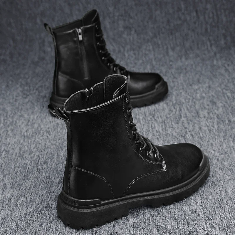 Botas de hombre a la moda, botas altas para motocicleta, nuevas botas de cuero informales, zapatos de trabajo impermeables para hombre, plataforma hasta el tobillo