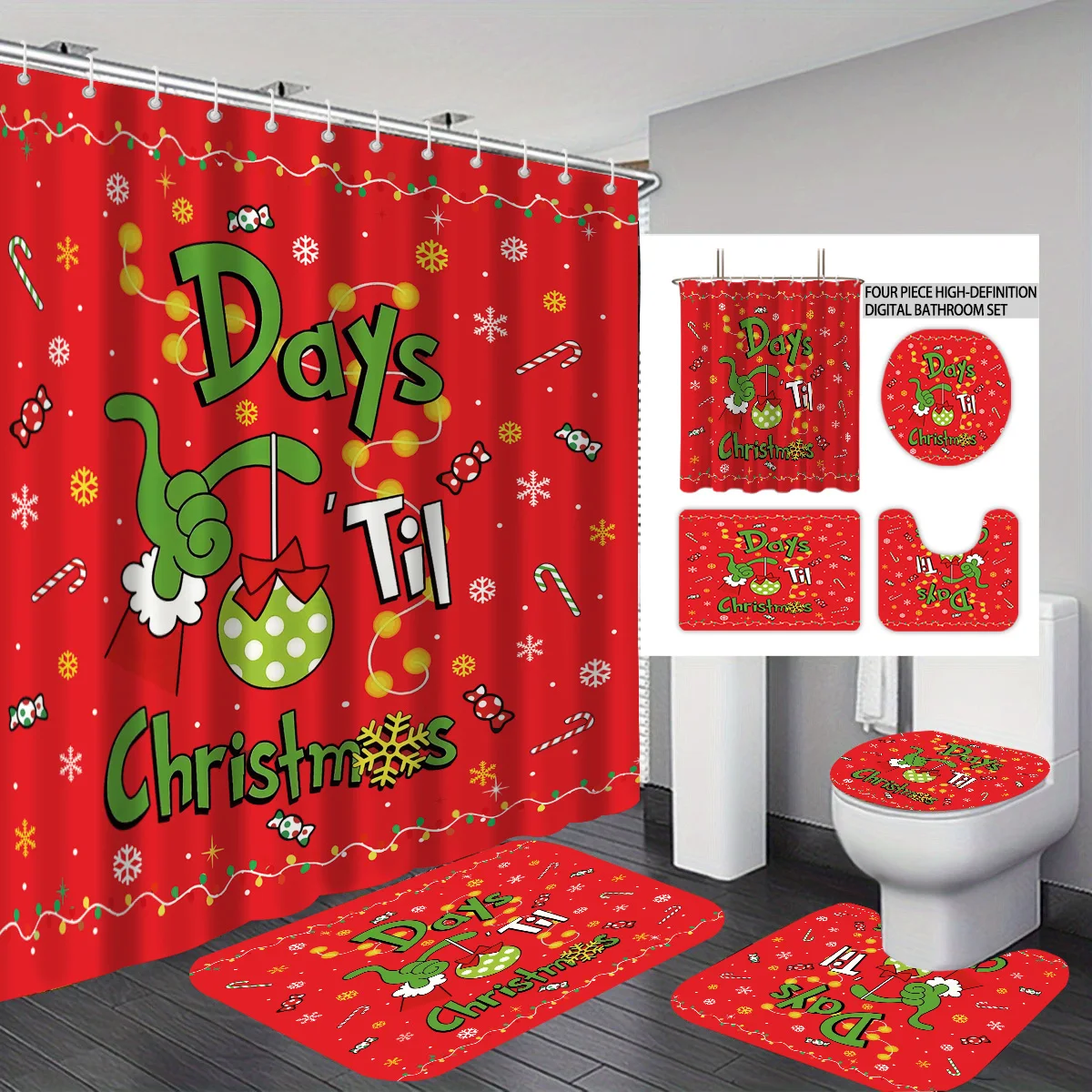 

4 шт., набор для ванной комнаты с красным принтом и Рождеством, 180x180, водонепроницаемая занавеска для душа, напольный коврик, коврик для унитаза, U-образный коврик