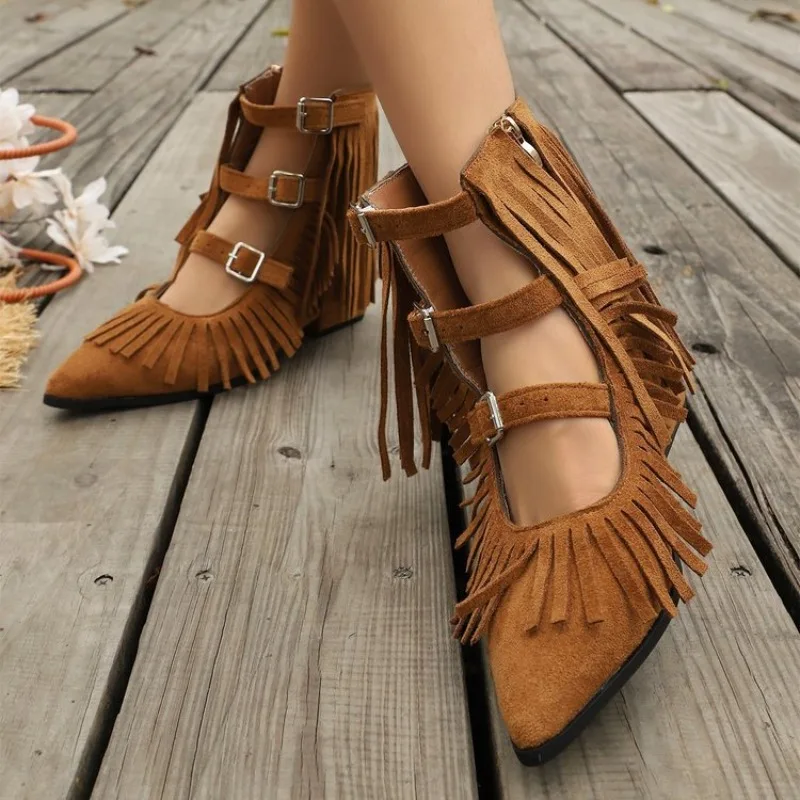 

Summer Womens Cool Boots Retro Suede Casual Cool Boots Fashion Belt Buckle Tassel Designer Ankle Cool Boots Thick-heeled Sandals