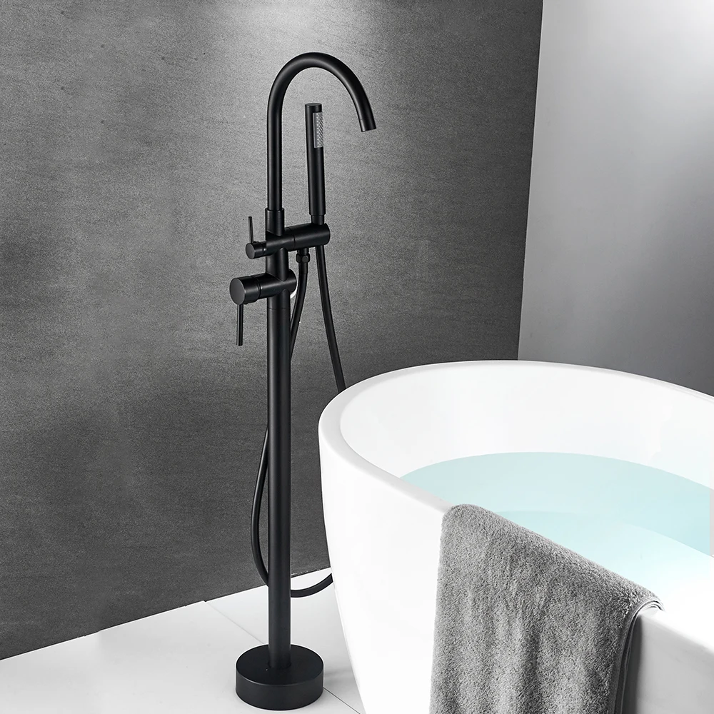 

Bathtub Faucet 6021B-R Free Standing Swivel Spout Single Handle With Hand Spray Brass Black Floor-standing Shower Set