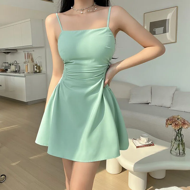 Xpqbb Elegant A-Line Dresses for Women Sexy Backless Spaghetti Strap Mini Dresses Fashion High Waist Party Evening Vestdios