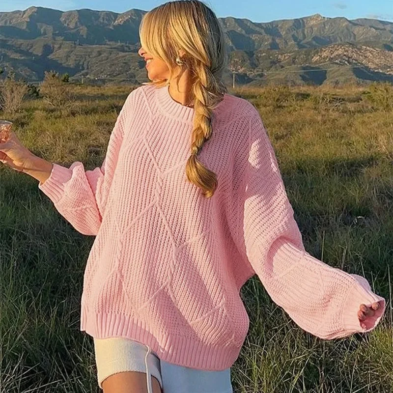 Suéter de punto para mujer, jersey liso con cuello redondo acanalado de manga larga, suéter de oficina a la moda, suéter informal holgado de otoño 2025