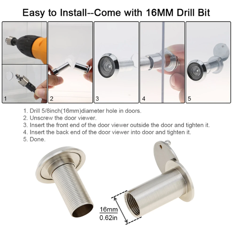 1 PC 16mm 200 ° Door Viewer Peephole Drill Bit Set for 35-55mm Door Thickness HD Optical Glass Lens Security Peek Peep Holes