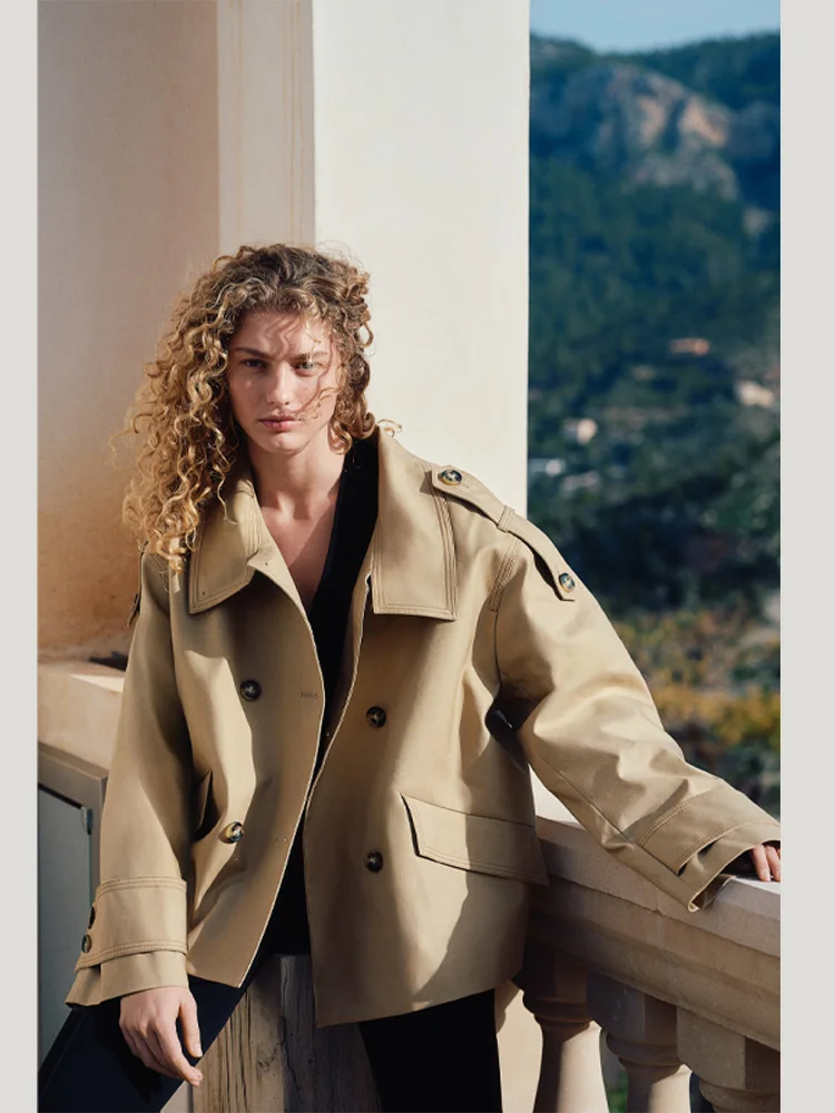 

Women Vintage High Neck Solid Trench Jacket Double Breasted Full Sleeve Coat Fake Pocket Outwear 2025 New Lady Full Streetwear