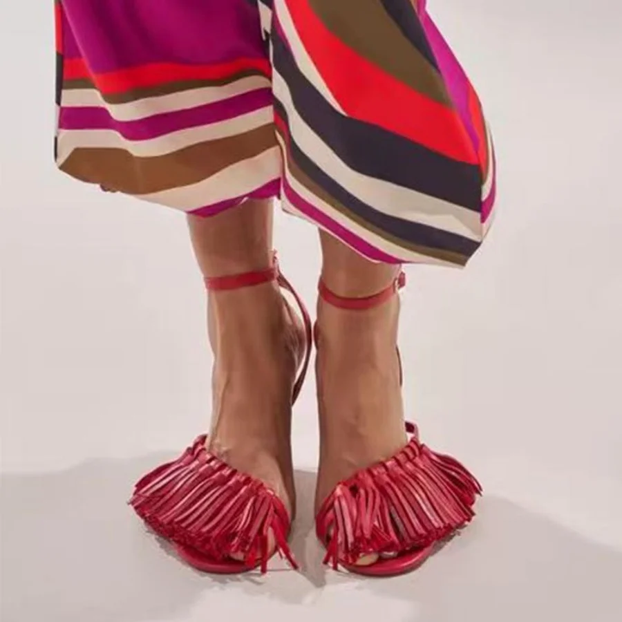 Women Leather Fringe Wedge Heel Ankle Buckle Strap Sandals Ladies Large Size 43 Red Custom Colors Runway Fashion Dress Footwear view 5