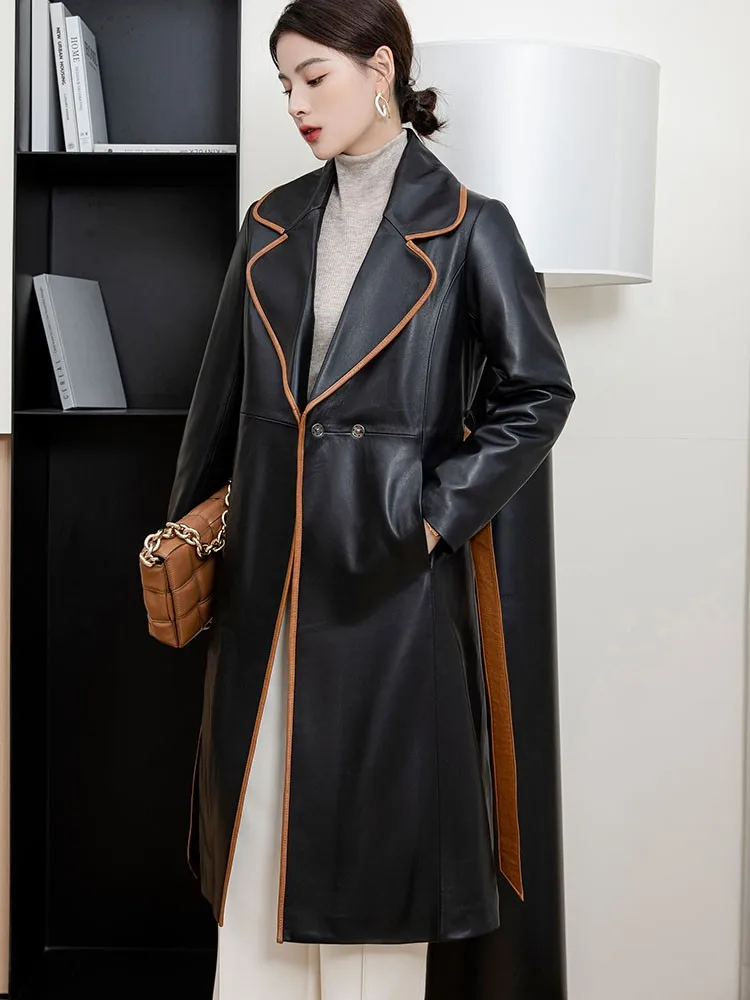 Winter Women Knee Length Real Sheepskin Down Coat Fox Fur Collar Detachable Overcoat Single Button Sashes Slim Fit Windbreaker