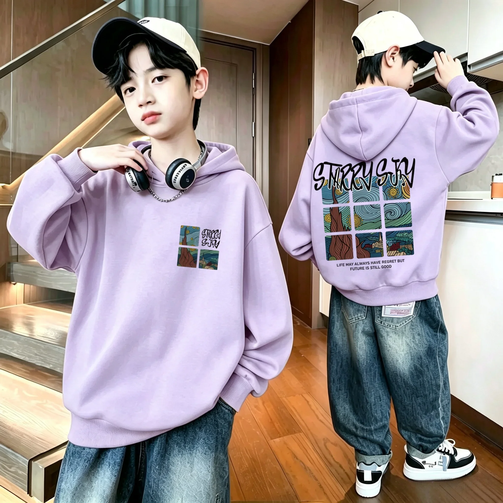 Latest model Retro Van Gogh Starry Night Art Square Print Children's Hooded Sweatshirt Daily Sports Pullover Sweater