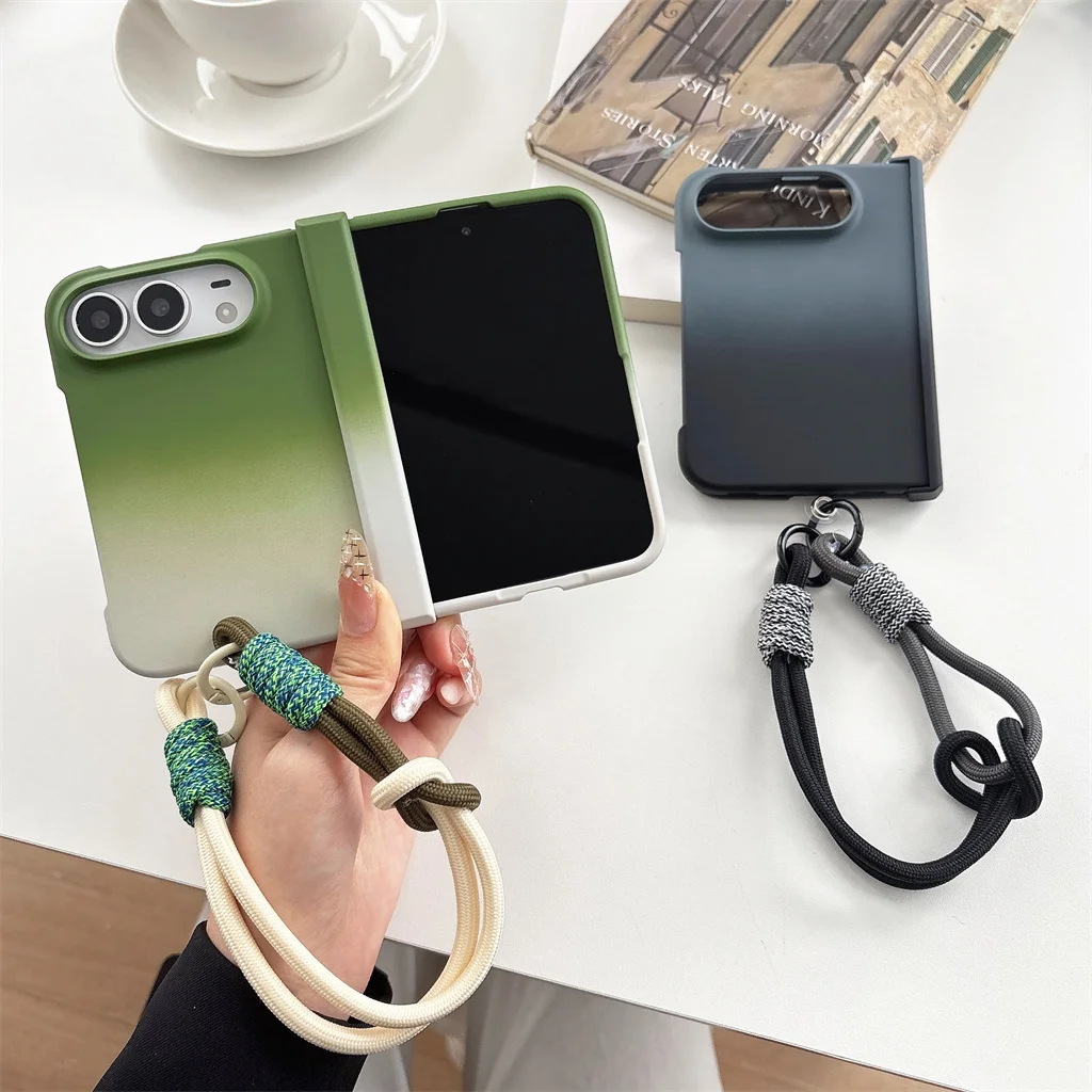 Gradient Color Hard PC Hinge Protection Phone Case with Braided Colorful Rope Wrist Hand Strap For Apple iPhone Ultra 18 Fold
