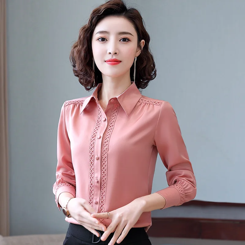 Spring Fall Women 2023 Shirts Office Female White Lace Jacquard Patchwork Collared Button Up Long Sleeve Chiffon OL Blouses Top