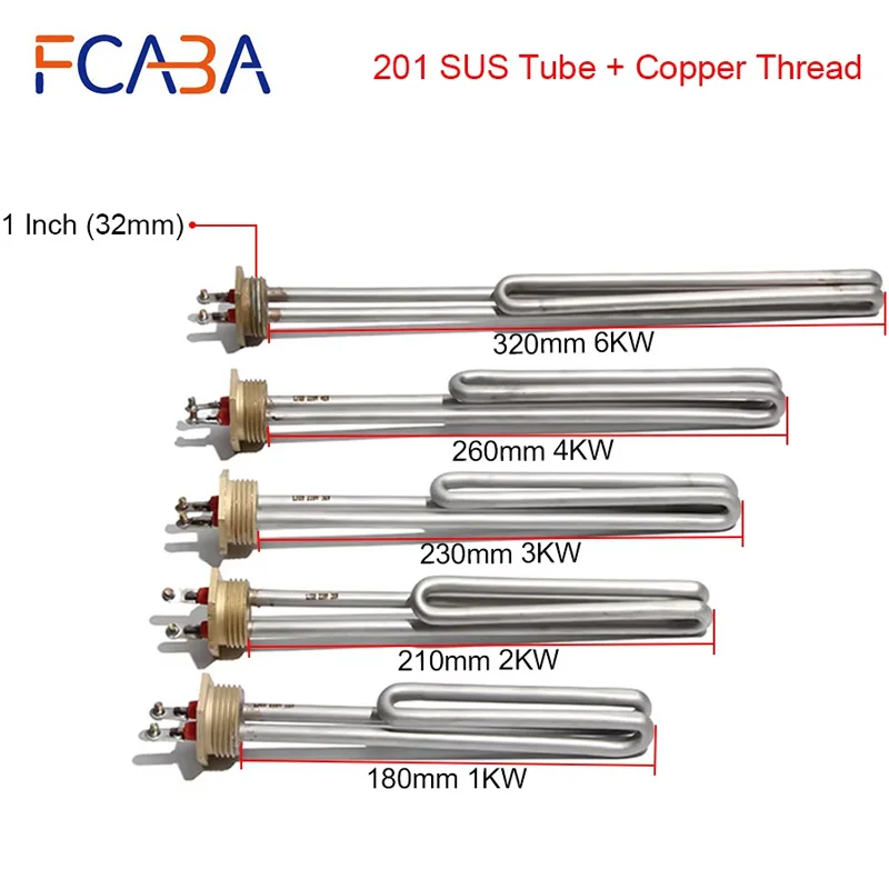 1 Inch/32mm/DN25 Stainless Steel Copper Head Heating Tube 110/220/380V Electric Heater Element for Water Boiler 1/2/3/4/6KW