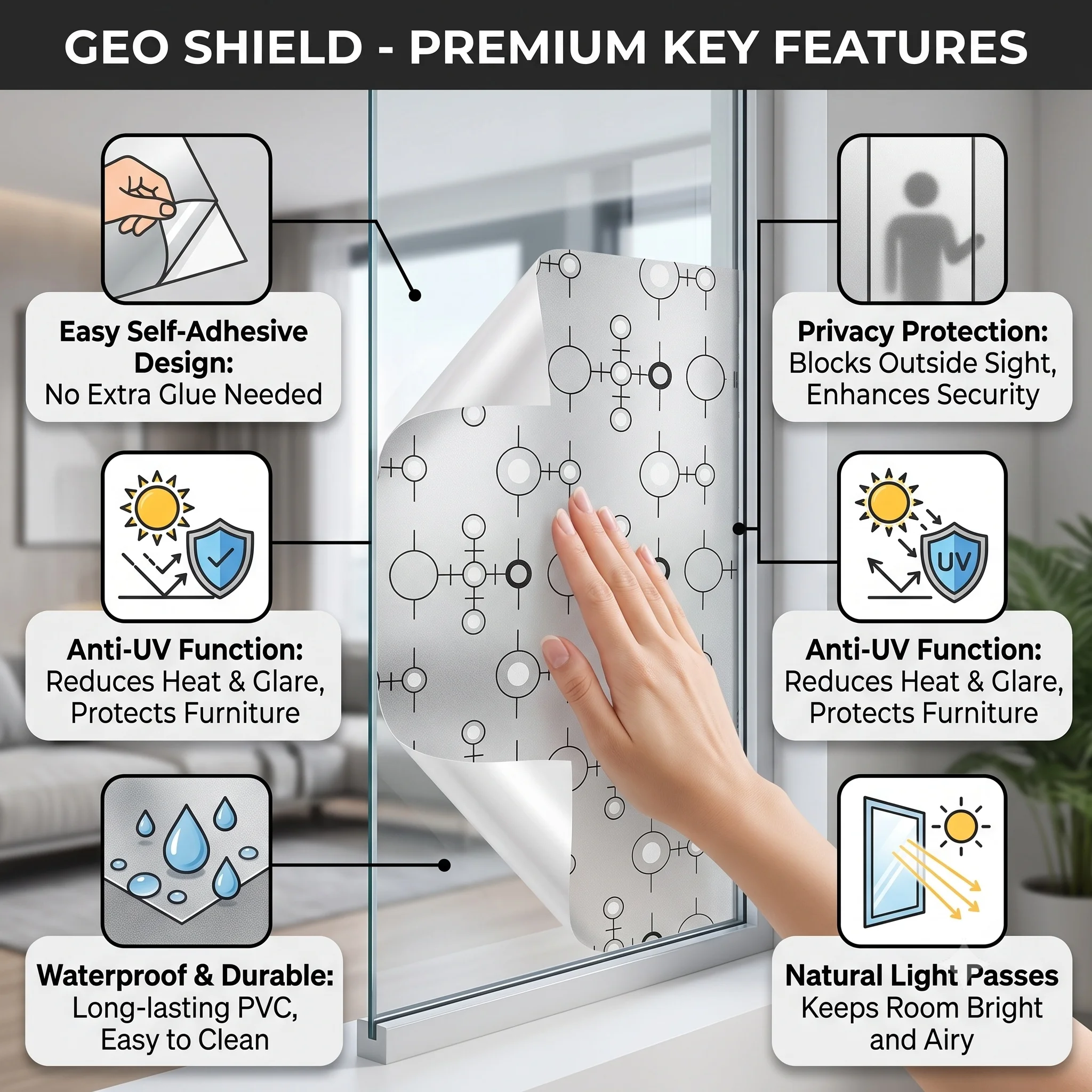 Self Adhesive Modern Geometric Window Film, Frosted Privacy Glass Sticker with Circle Line Pattern, Decorative Window Film