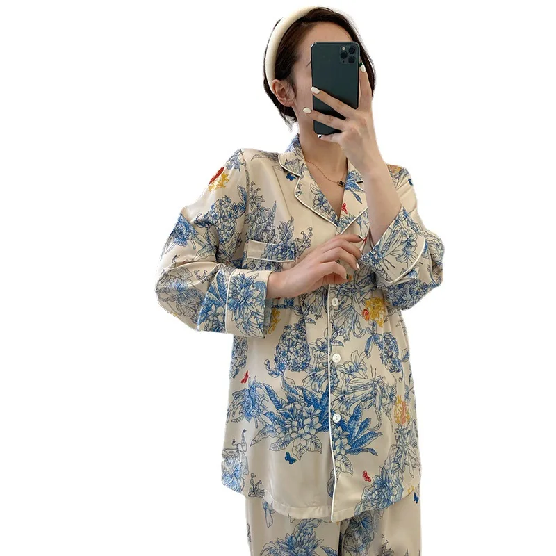 Light Luxury Spring and Autumn New Silk Smooth Pajamas for Women Monet Flower High Grade Long Sleeve Cardigan Satin Silk Pajamas