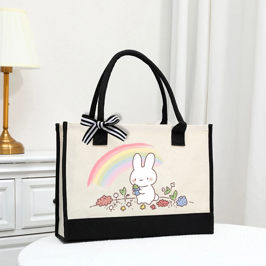 

Простая мужская холщовая сумка-тоут с принтом кролика, большая вместительная сумка с открытым ртом, подарочная сумка для покупок с лентой-бантом