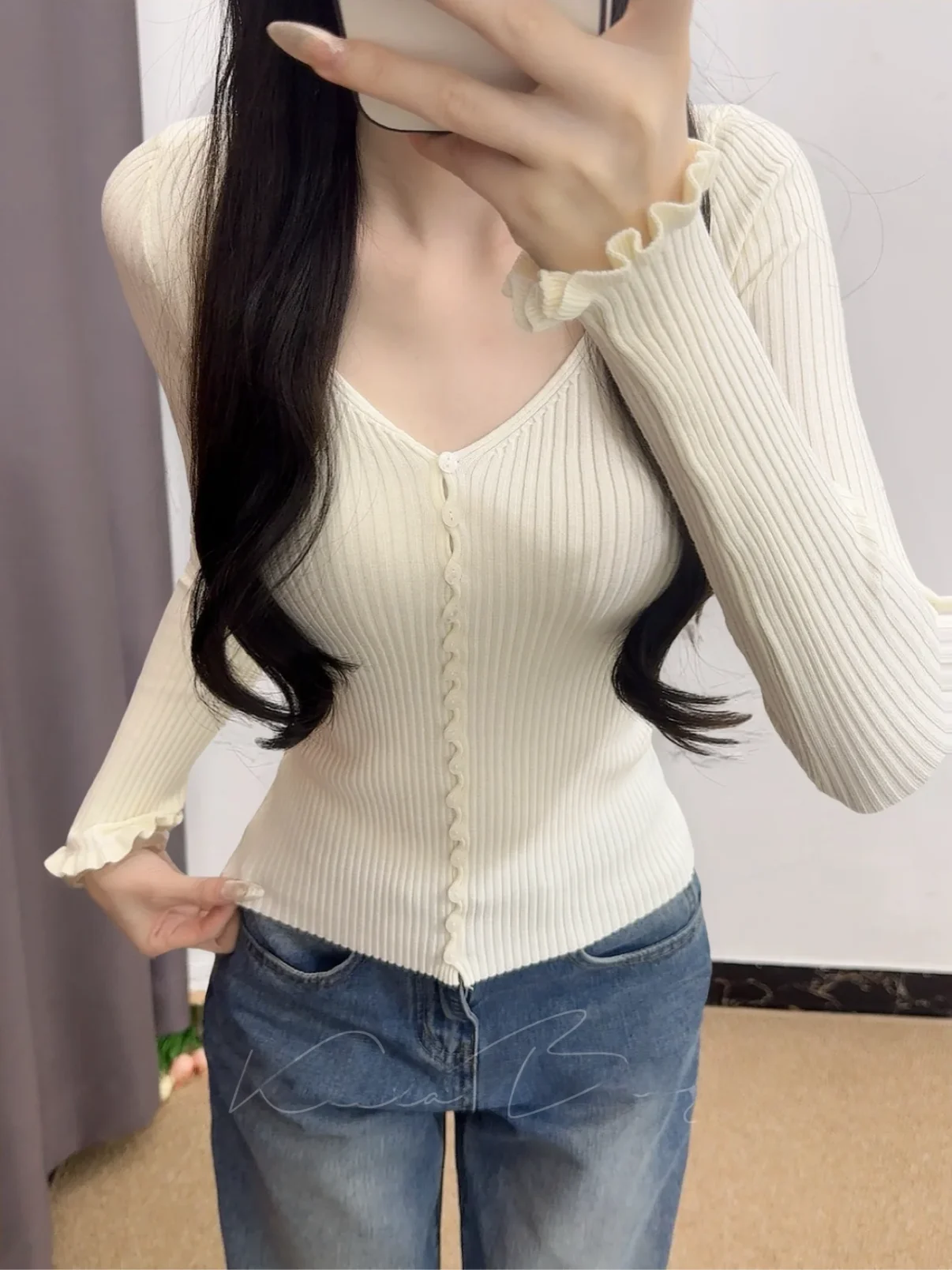 

Soft Cozy Long Sve V-Ne Knitwear Women's Faion French Sle Slim Fit Pure Want Versatile Top with Wood ain Design