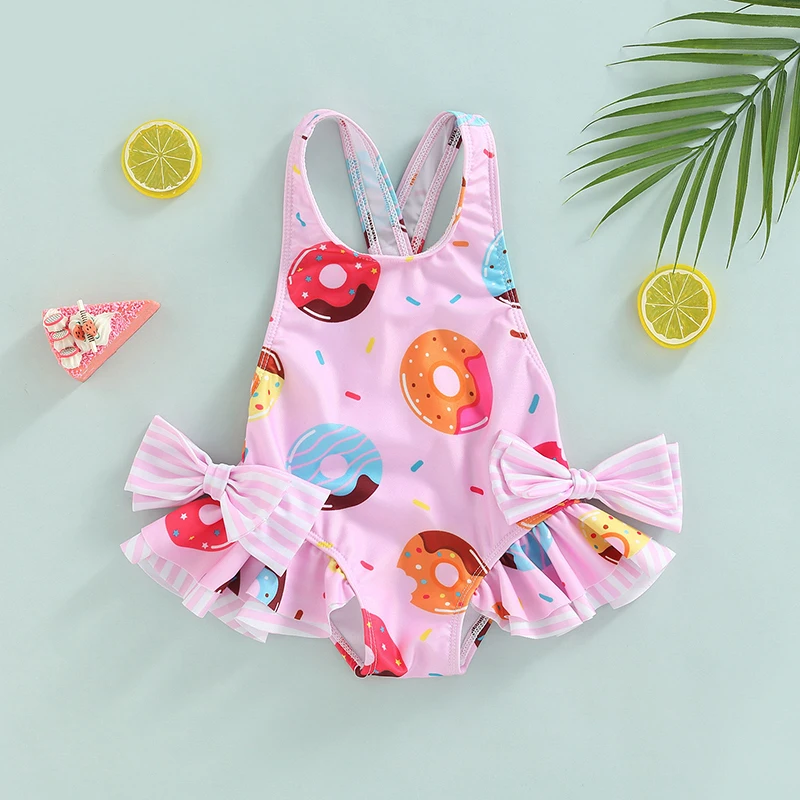 

VISgogo Kids Girls Swimwear Sleeveless Doughnut/Ice Cream Printed Large Bowknot Ruffled Triangle Bathing Romper Swimsuit