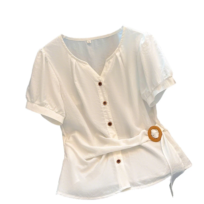 

Summer Women V Neck Button Blouse Sleeve French Tie Design Waist Slimming Top Retro Casual Ladies Tops