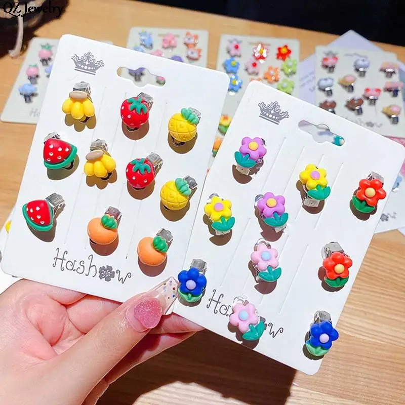 10pcs/lot Cute Resin Kids Ear Clip Cartoon Animal Flower Fruit Children Ear Clip No Piercing Earring for Baby Girls Gift Jewelry