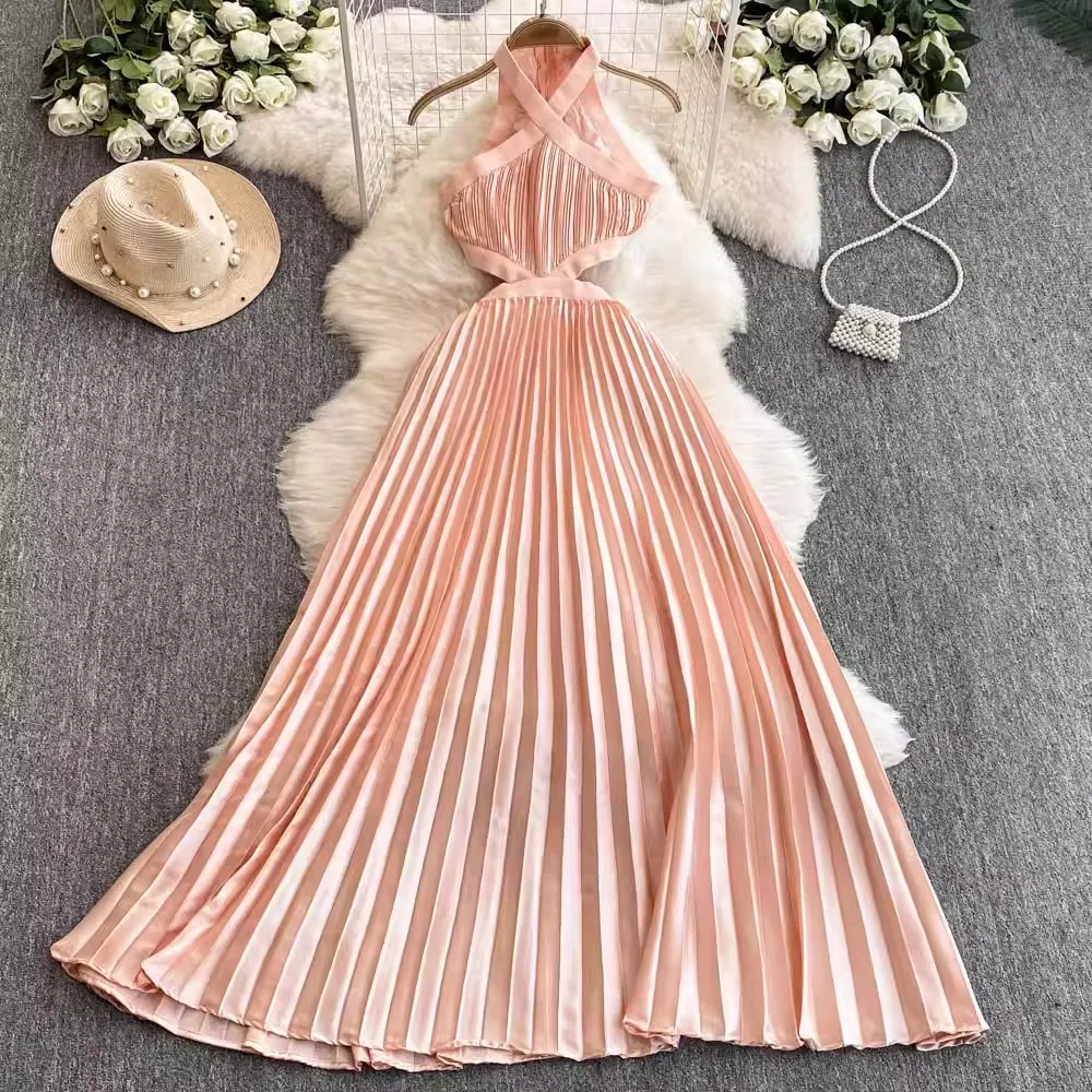 

Pink Pleated Sleeveless Elegant Dress Women Hollow Out Summer Vacation Clothing Lady High Waisted Vestidos Bodycon Party