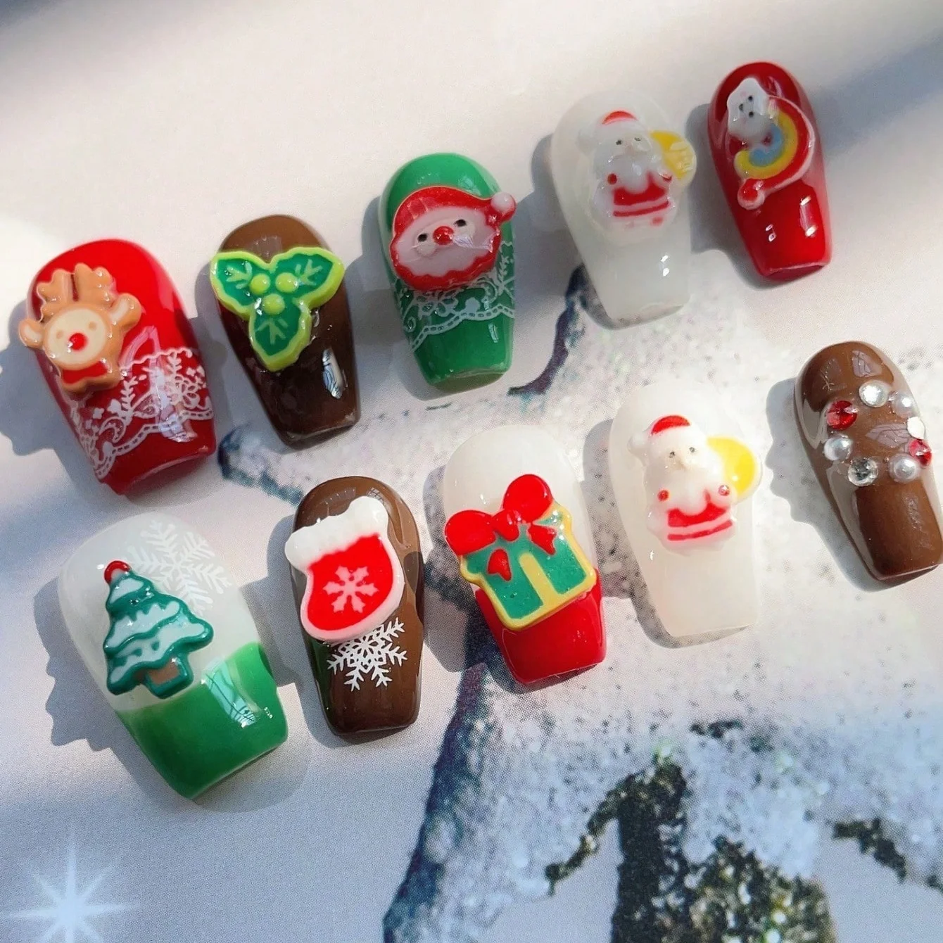 

10 шт., чистые ручные прессованные ногти в форме балета, красивые накладные ногти, красочные рождественские ногти, подходят для женщин в использовании