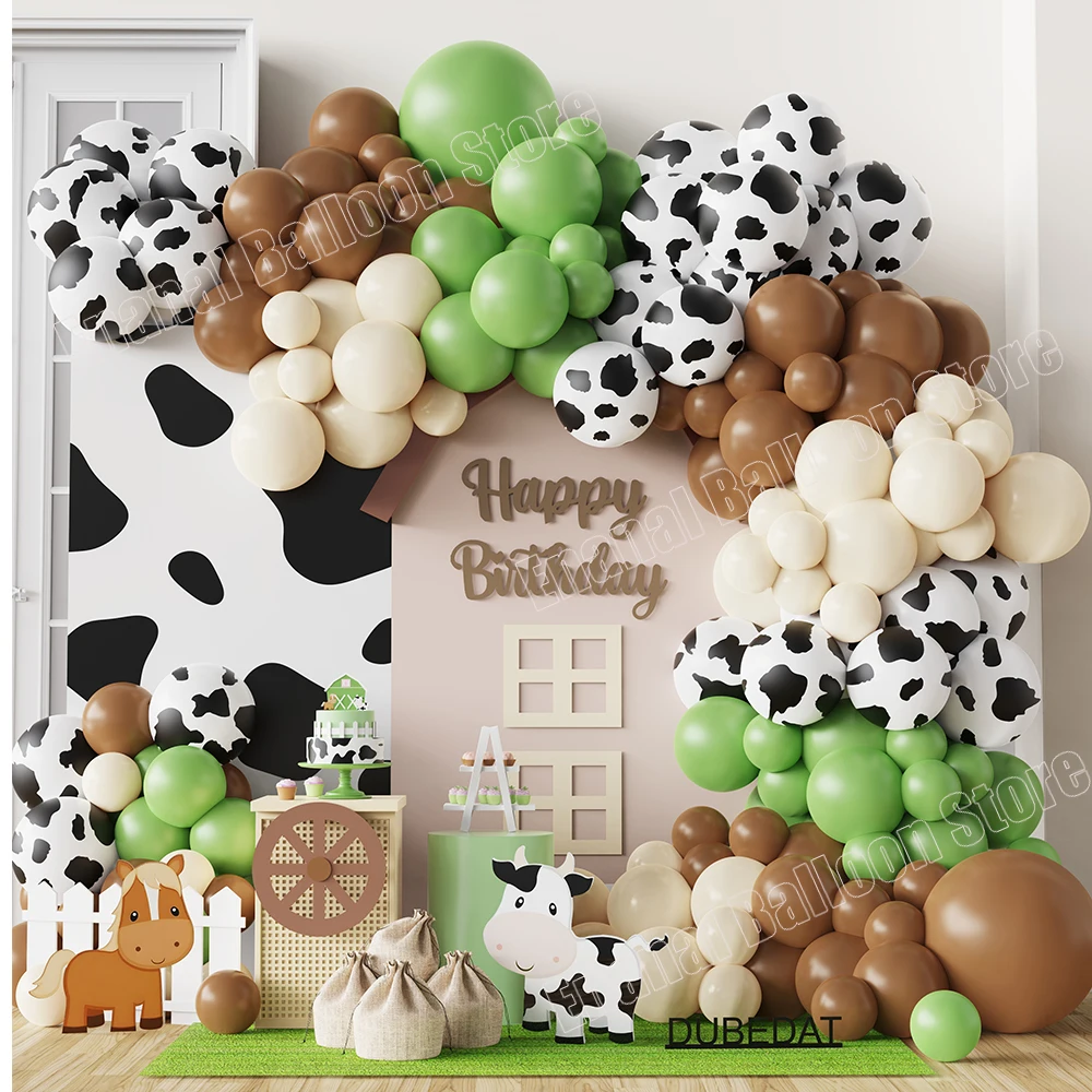 124Pcs Cowboy Party Balloon Garland Arch Sage Green Coffee Cow Print Latex Ball Boy Girl Birthday Farm Animal Theme Party Decor