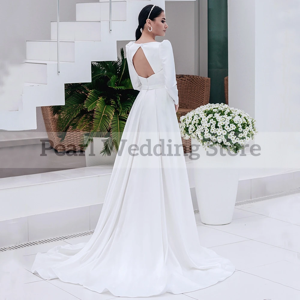 Elegant Wedding Dress V-Neck Long Sleeve Grab Pleated Belt High-end Sexy Side Slit Open Back and Floor Length Bridel Formal Gown