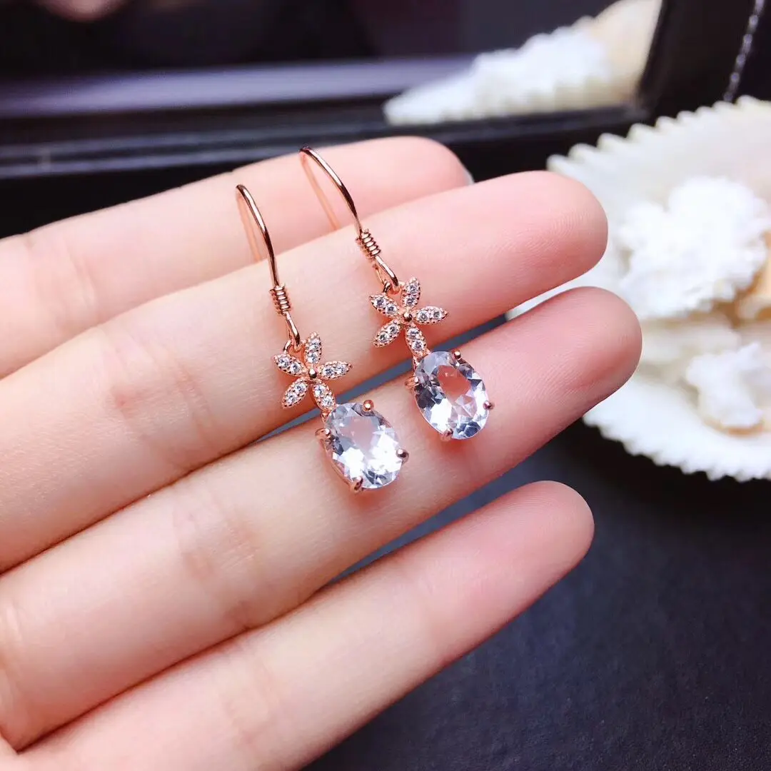 S925 Silver with Natural Aquamarine 6mm*8mm Solid 925 Silver Emerald Earrings Gift for Woman  Aquamarine Jewelry Earrings