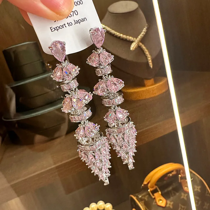 

Pink Zircon Luxury Long Temperament Fashion Earrings