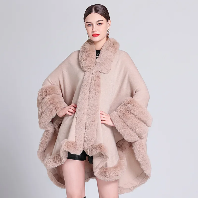 

2023 New Winter Thicken Warm Three Circles Rabbit Fur Sleeves Poncho Cape Women Bat Sleeved Cloak Big Pendulum Loose Coat