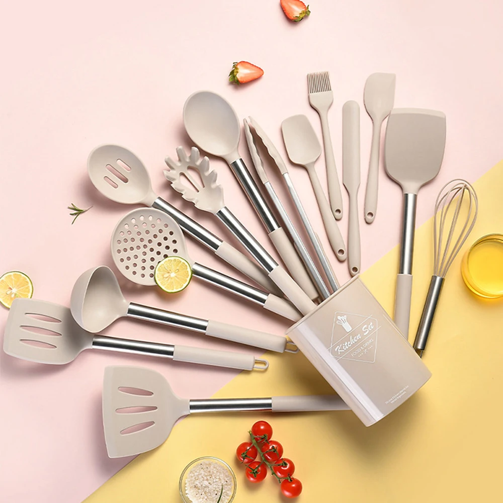 15Pcs Stainless Steel Non Stick Silicone Kitchenware Set Spatula Soup Spoon Kitchen Utensils Storage Bucket Eggbeater