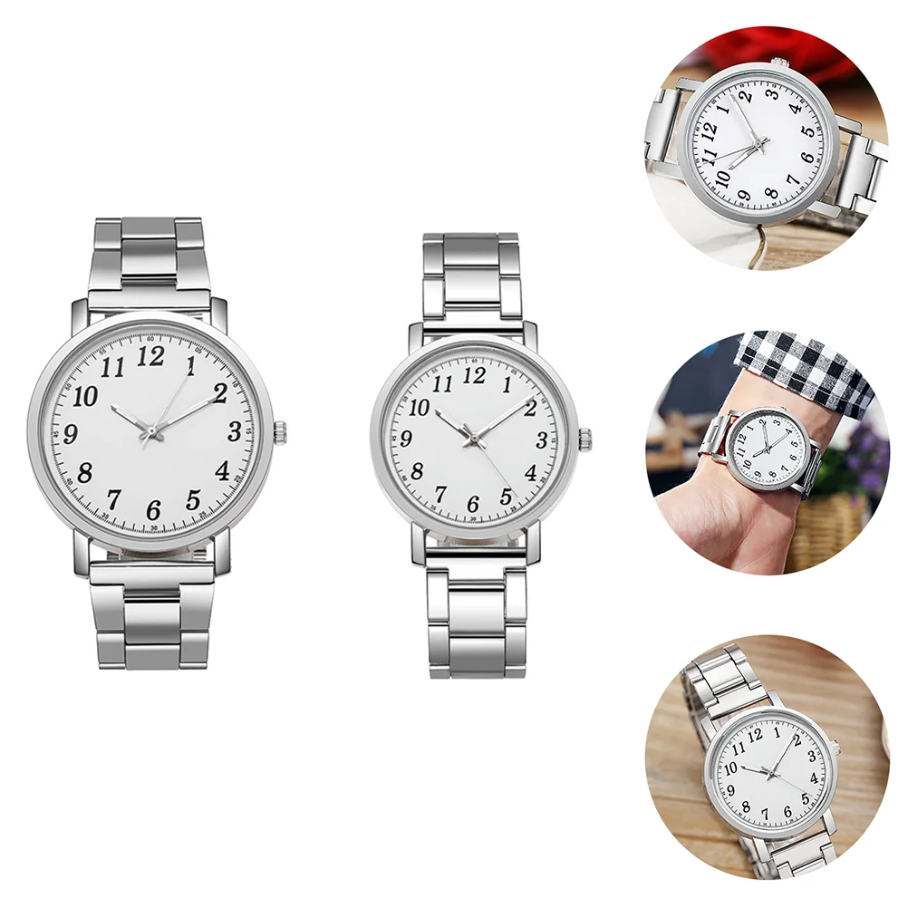 2 Pcs Her Couple Watch Wrist Stopwatch Male Female Watches Smartwatch Silver Stainless Steel Casual Child