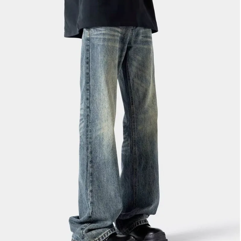 Men Vintage Faded Washed Flare Jeans,Retro Distressed Loose Wide Leg Denim Pants,Y2K Hip Hop Streetwear Baggy Bootcut Trousers
