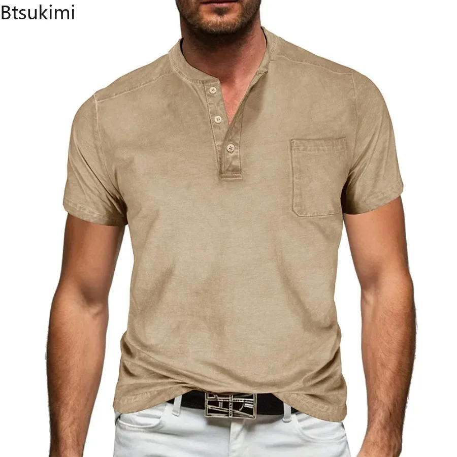 New Men's Purified Cotton T-shirts Summer Henley Neck Pocket Casual Beach Short Sleeve Solid Color Male Tops Vintage Streetwear