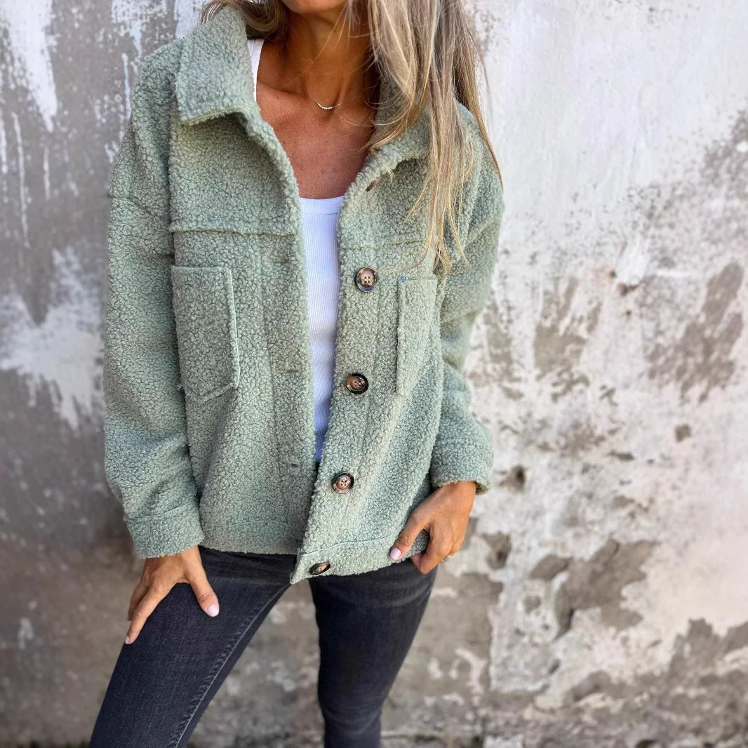 

Осень-зима 2022, новинка, пальто из овечьего меха на одной пуговице, воротник-стойка, вязаный шелковый материал, женская верхняя одежда Faion