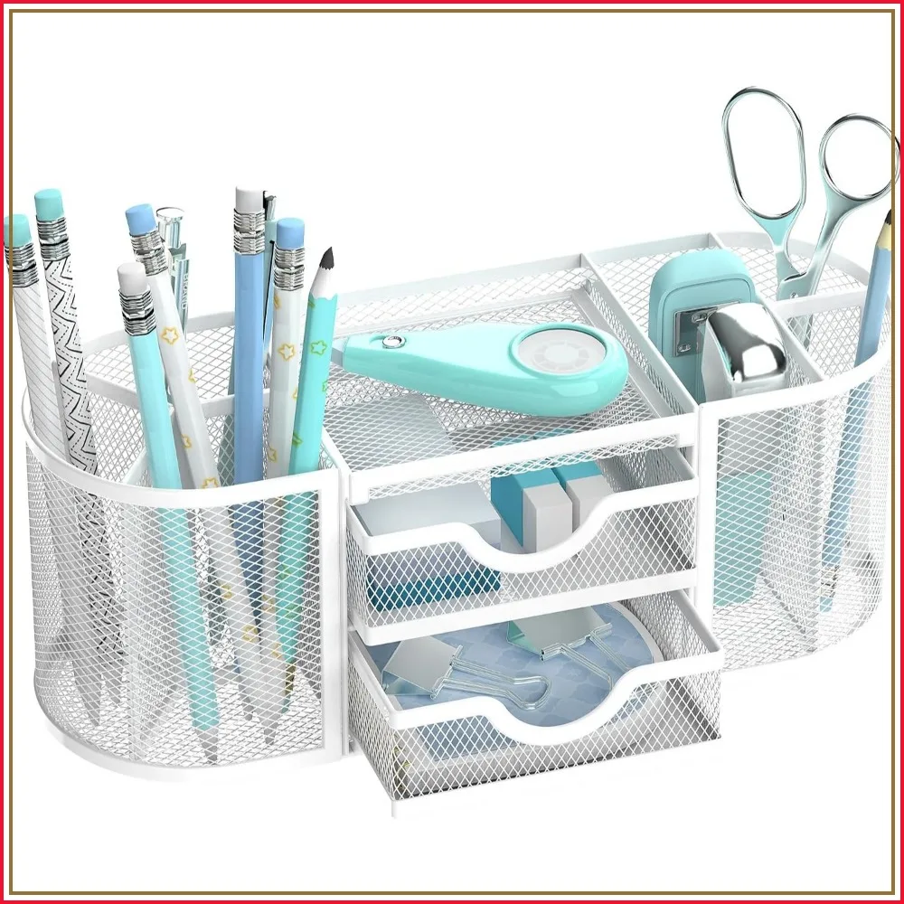 Mesh Desk Organizer with 2 Drawers, Pen Holder for Office Supplies, White