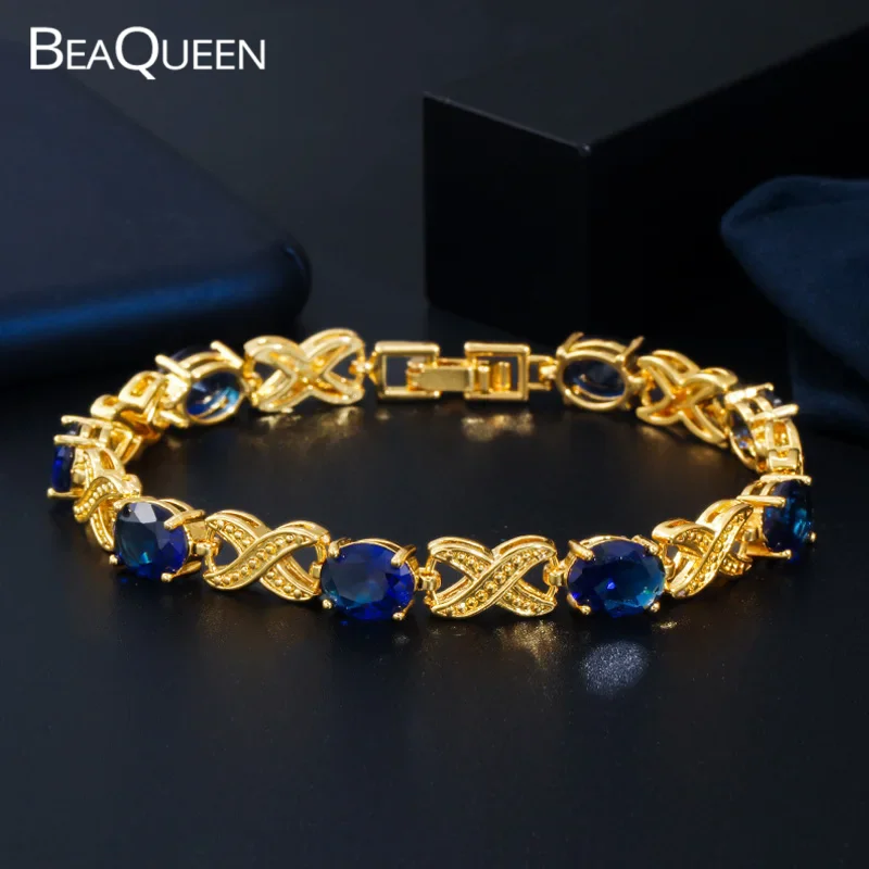 BeaQueen New Gorgeou Dubai Gold Color Women Tennis Bracelets Green Oval Cubic Zirconia Crystal Girlfriends Jewelry for Gift B191