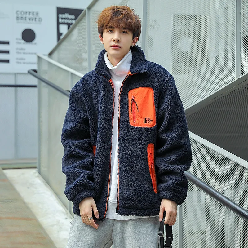 

Men's Lamb Velvet Jaet Winter Warm Stand Collar Embroidered Cotton Coat Sli Youthful Polyester Fiber Long Sve Zipper