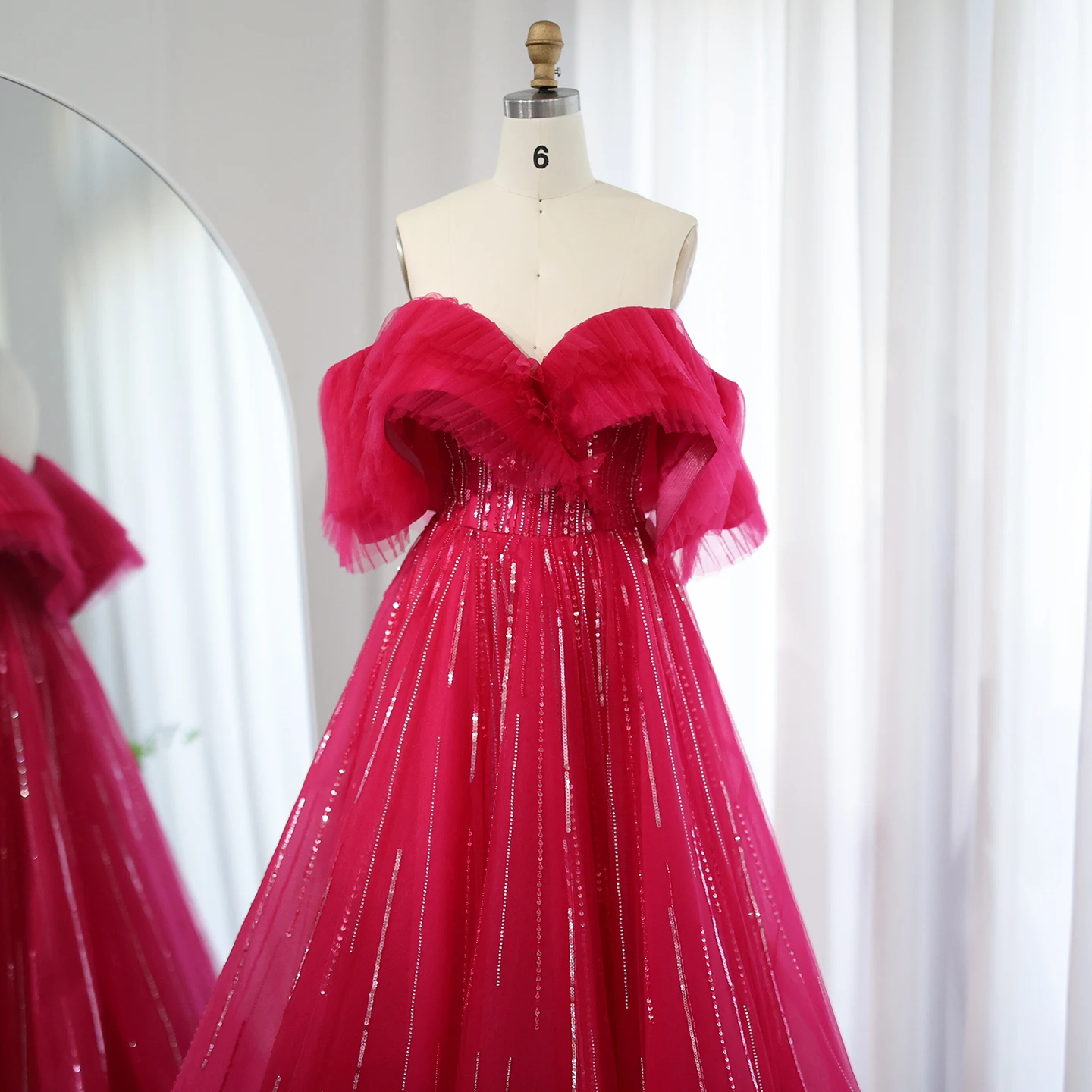 Sharon Said Luxury Dubai Ball Gown Fuchsia Evening Dress for Women Wedding Off Shoulder Celebrity Party Gown SS390 Customized