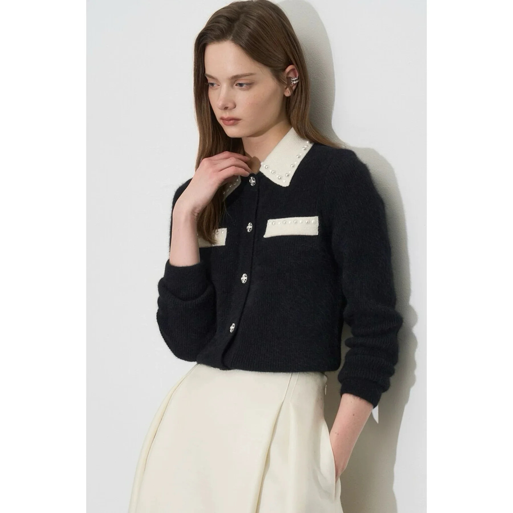 Citroenkaas OBZ25 Winter Ele Afneembare kleur Blo-kraag Kraalgebreide kleding Veelzijdige Fraance Sle Wollen gebreide damess...