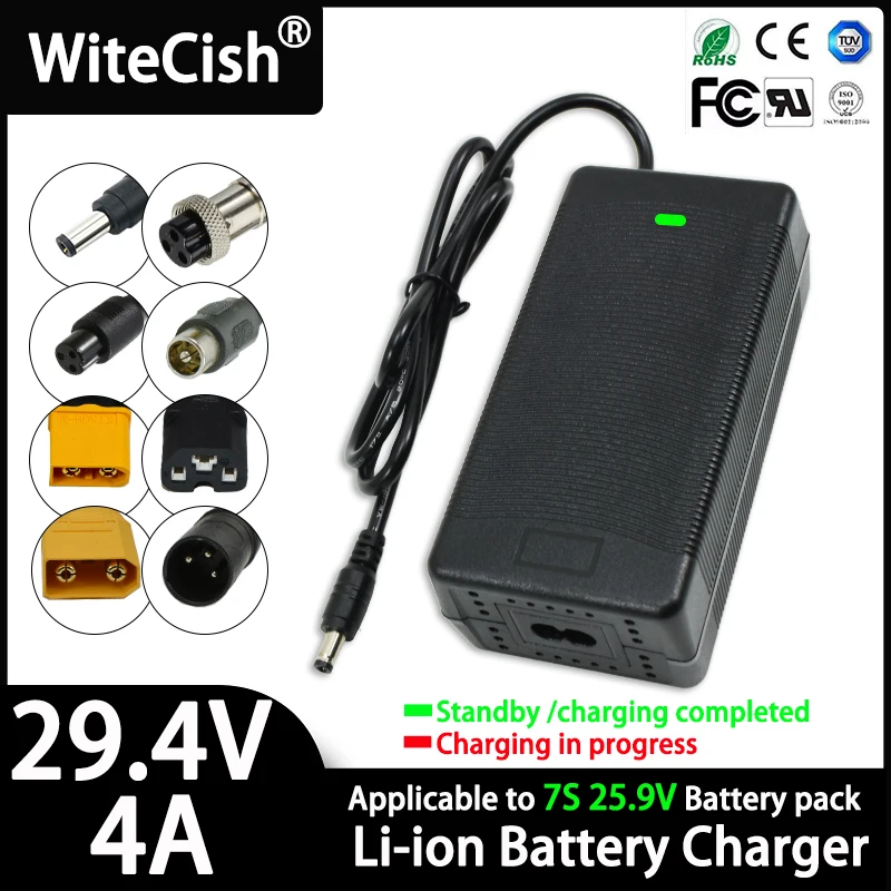 29.4V 4A Polymer Lithium Battery Charger for 7S 24V 25.2V 25.9V Li-ion battery pack AC 100-240V DC5.5MM*2.1MM/XRL/XT60/XT90/IEC