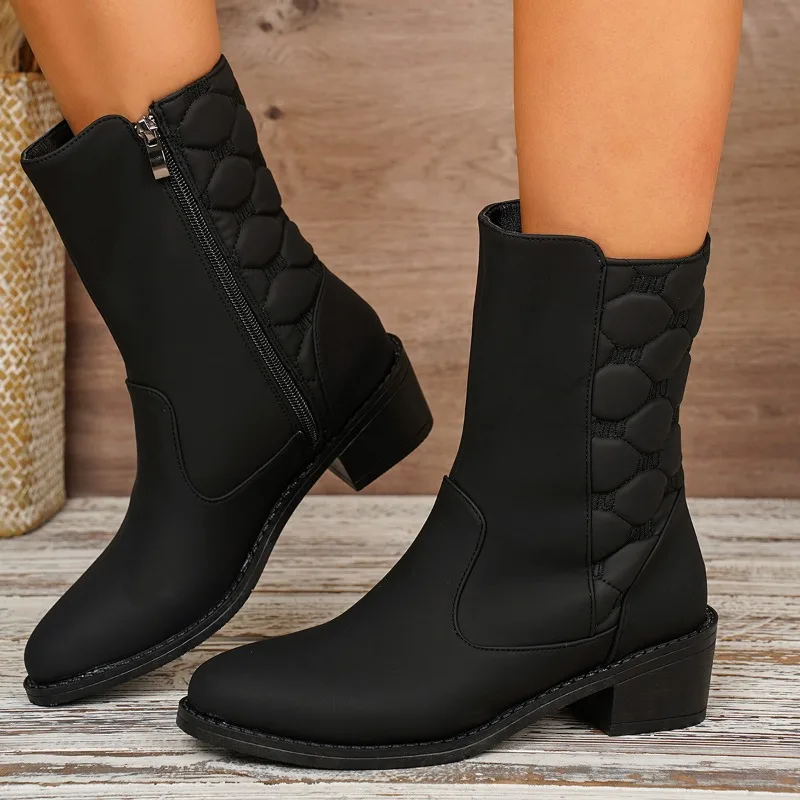 2026 New Women Boots Smooth Leather Diamond Stitch Side Zipper Round Toe Low Block Heel Mid Calf Ankle Boots