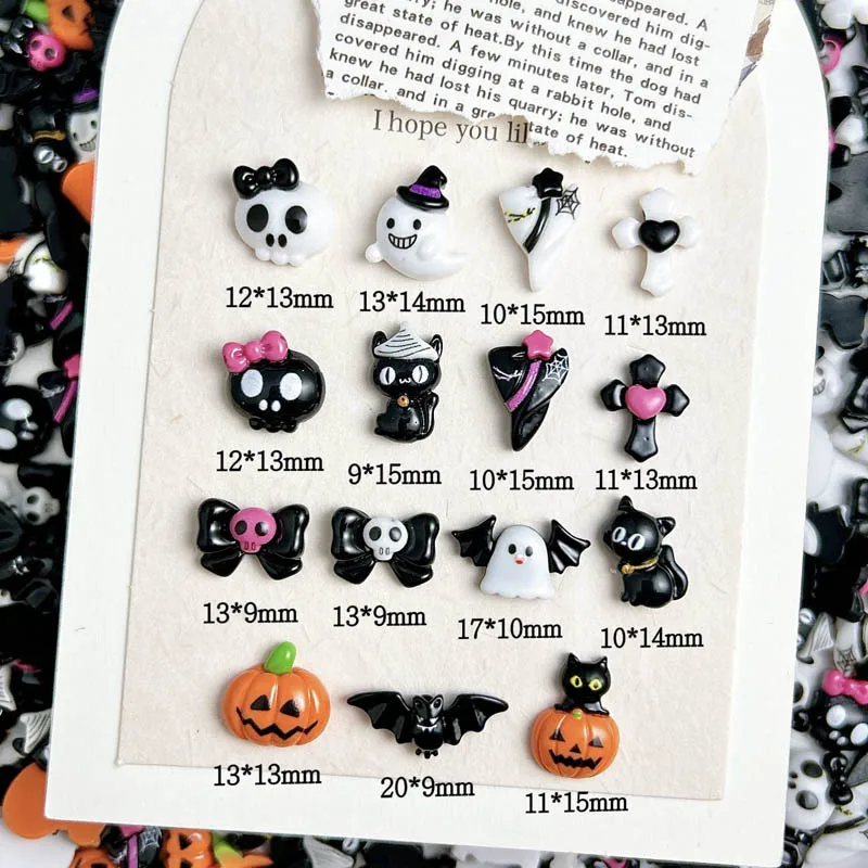 10PCS Cartoon Funny Ghost Pumpkin Monster Nail Charms Cute Bow Skull Cat Resin Nail Art Decorations for DIY Hallowween Nails