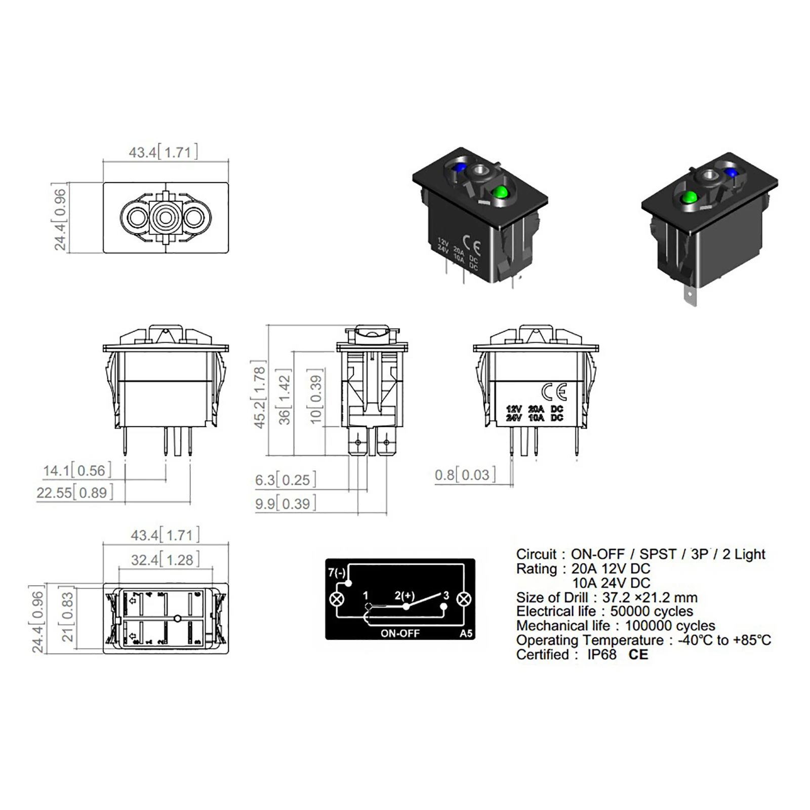 12 فولت/24 فولت مقاوم للماء الروك التبديل 3P ON/OFF SPST 20A الأخضر الأزرق مصباح ليد لسيارة قارب ATV UTV 4x4 بولاريس RZR الحارس Can Am Jeep #2