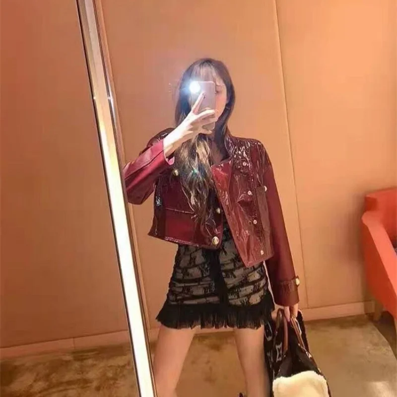 

2023 Luxury Women Biker Short Genuine Leather Sheepskin Coat Elegant Stand Collar Loose Jacket Spring Autumn Single Breasted Ou