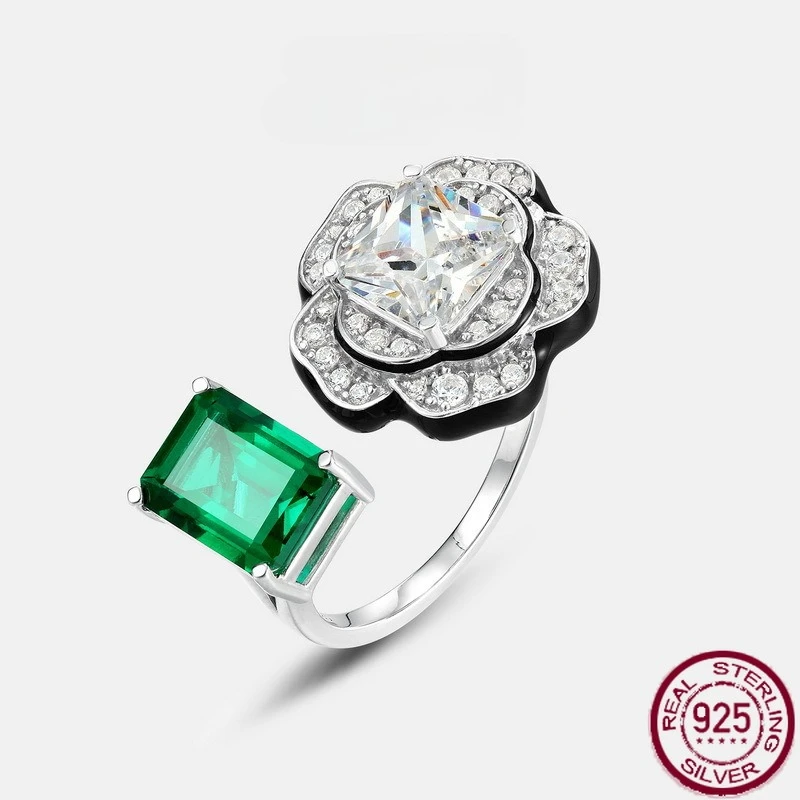 

New S925 pure silver geometric cultivation emerald full set colorful flower finger ring fashionable light luxury wedding jewelry