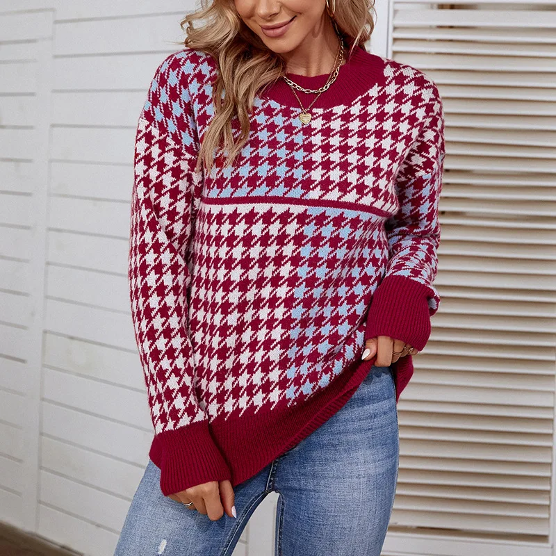 New Knitted Sweater with Contrasting Color Houndstooth Pullover for Women