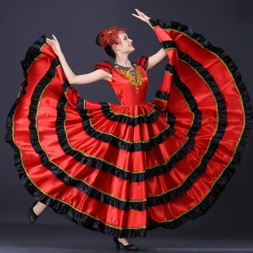 Vestido de coro flamenco español para mujer, disfraz de torero, falda de baile de gran vuelo para actuaciones escénicas.