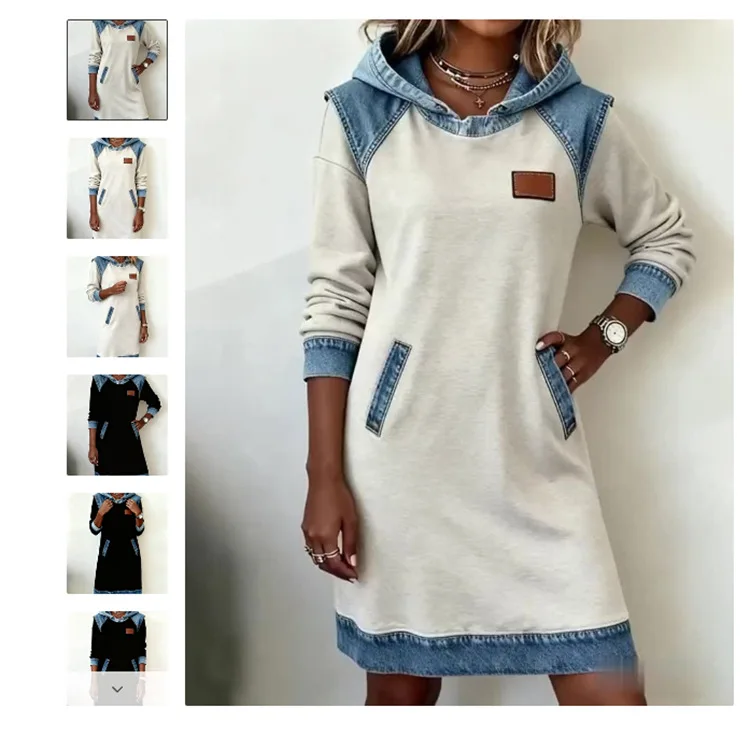 

Women's Oversized Hoodie Dress, Hooded Patchwork Denim Dresses, Casual Long-Sleeved Dresses, Female Fashion, Spring, Autumn, New