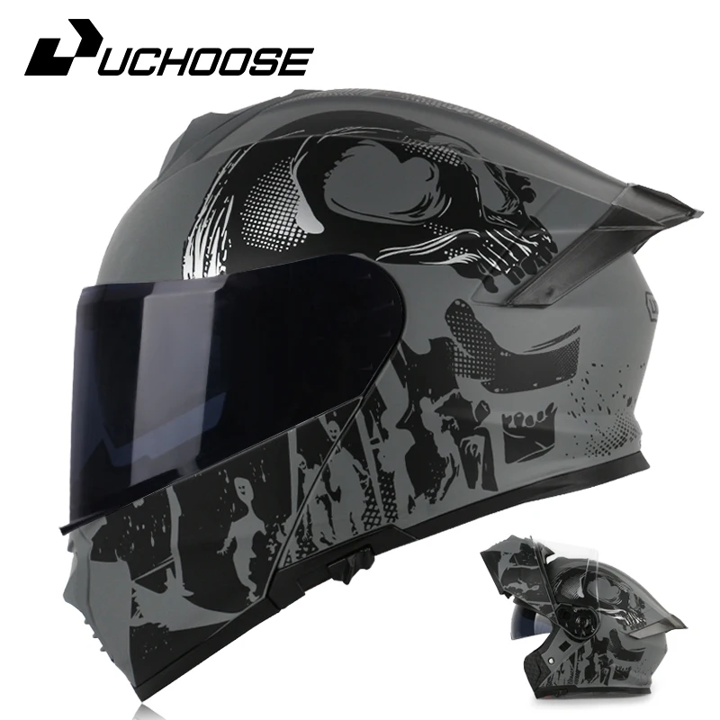 DOT Uchoose Approved Full Face Helmets Crash Motorbike Protective Gear Men Women Flip Up Helmet Motorcycle Visor Double Sun